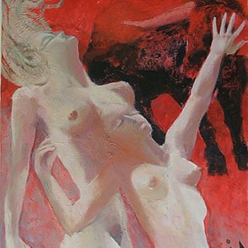 Painting titled "bullfight of Love" by Kravitz, Original Artwork, Oil