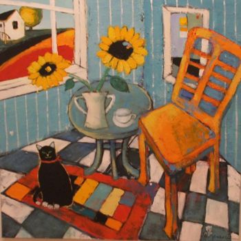 Painting titled "Chair Jeanne and Cat" by Kravitz, Original Artwork, Oil