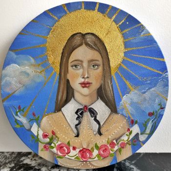 Painting titled "Angel" by Ksenia Kravtsova, Original Artwork, Oil Mounted on Wood Stretcher frame