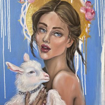 Painting titled "Blessed lamb" by Ksenia Kravtsova, Original Artwork, Oil Mounted on Wood Stretcher frame