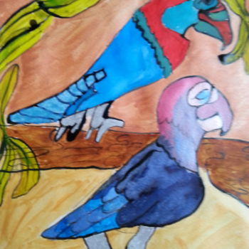 Dessin intitulée "oiseaux de couleurs" par Kreakhaos, Œuvre d'art originale, Encre