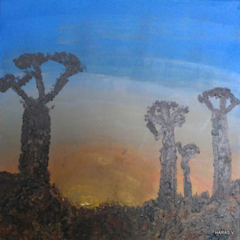 Painting titled "Baobab au crépuscule" by Kreakhaos, Original Artwork, Acrylic