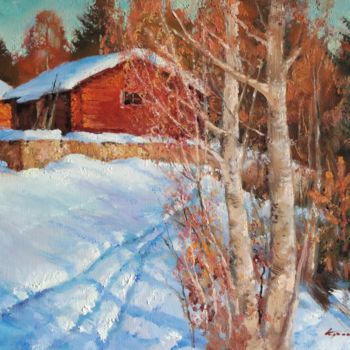 Painting titled "Red shed. March" by Mark Kremer, Original Artwork