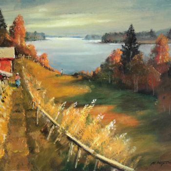 Pintura intitulada "Autumn above lake.…" por Mark Kremer, Obras de arte originais