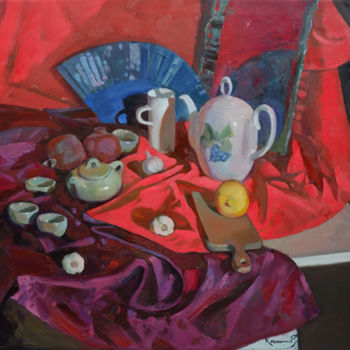 Peinture intitulée "Chinese fan on a red" par Oksana Krinichna, Œuvre d'art originale, Huile