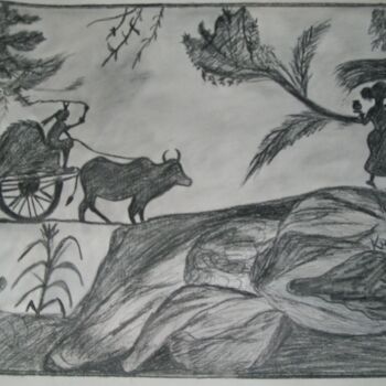 Painting titled "Village scene" by Krishna Art Gallery, Original Artwork, Charcoal