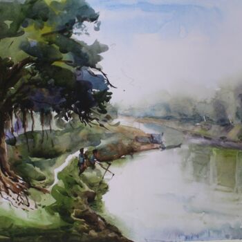 Painting titled "River side tree sca…" by Krishna Mondal, Original Artwork, Watercolor