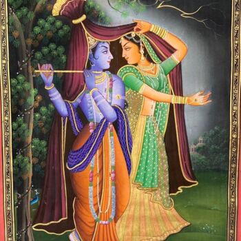 Painting titled "Krishna Leela amids…" by Krishnasarang India, Original Artwork, Watercolor