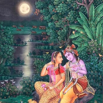 Painting titled "Radha & Krishna's s…" by Krishnasarang India, Original Artwork, Watercolor