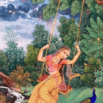 Painting titled "Radha's leisure time" by Krishnasarang India, Original Artwork, Watercolor