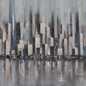 Painting titled "Manhattan in silver" by Krista Ozola, Original Artwork, Oil