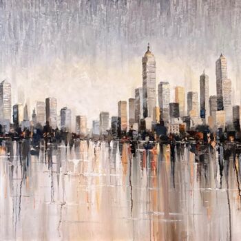 Painting titled "Mirage of urban ser…" by Krista Ozola, Original Artwork, Oil Mounted on Wood Stretcher frame