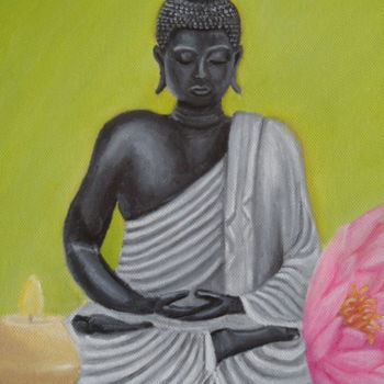 Painting titled "Bouddha zen" by Kristaine, Original Artwork, Oil Mounted on Wood Stretcher frame