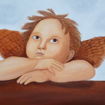 Painting titled "Cherubin" by Kristaine, Original Artwork, Oil Mounted on Wood Stretcher frame