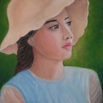 Painting titled "Femme au chapeau" by Kristaine, Original Artwork, Oil Mounted on Wood Stretcher frame