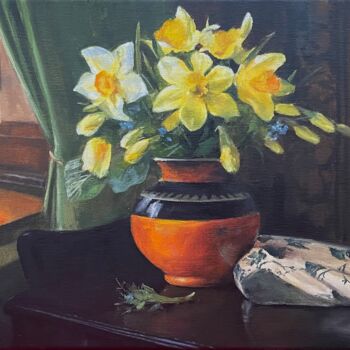 Schilderij getiteld "Daffodil" door Kristi Haskol, Origineel Kunstwerk, Olie Gemonteerd op Frame voor houten brancard