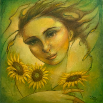 Pittura intitolato "Muchacha con girasol" da Fernando Decaso, Opera d'arte originale, Olio