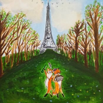Painting titled "Foxes in Paris" by Kristina Kornilova, Original Artwork, Oil