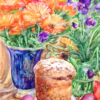 Painting titled "EASTER STILL LIFE" by Kristina Kristiana, Original Artwork, Watercolor