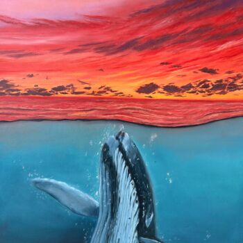 Painting titled "Curious whale" by Kristina Sergeeva, Original Artwork, Oil