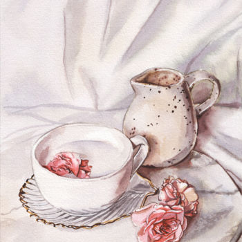 Malerei mit dem Titel "Молоко и розы" von Kristina Veshkina (Klem111), Original-Kunstwerk, Aquarell