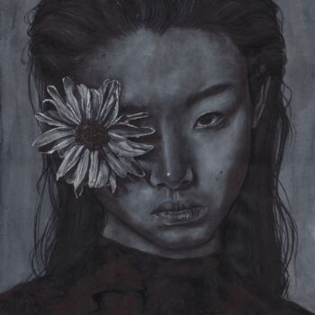 Pintura intitulada "Girl with a Flower" por Kristina Maslakova, Obras de arte originais, Aquarela