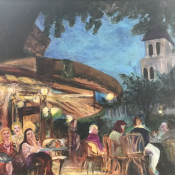 Painting titled "Cafe at the Plaza" by Krirad, Original Artwork, Acrylic