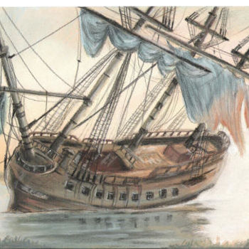 Desenho intitulada "bateau echoué au co…" por Kromka, Obras de arte originais