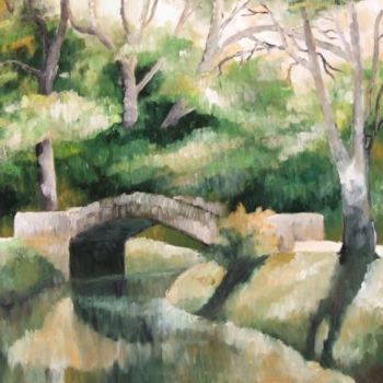 Pintura intitulada "petit pont au jardi…" por Kromka, Obras de arte originais