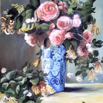Painting titled "rose dans un vase c…" by Kromka, Original Artwork