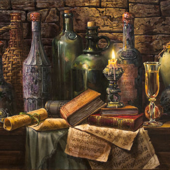 Painting titled "Натюрморт со старин…" by Sergei Kropovinskii, Original Artwork, Oil
