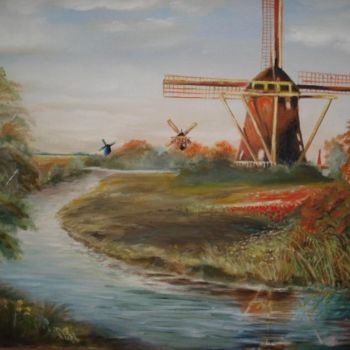 Картина под названием "Windmills in Holland" - Mizsei F Krug, Подлинное произведение искусства