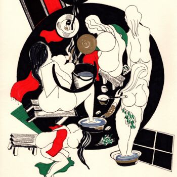 Zeichnungen mit dem Titel "Dans le bain russe)" von Krughoff, Original-Kunstwerk, Tinte