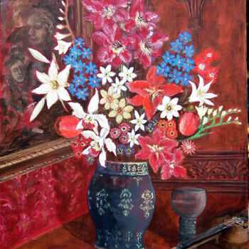 Malerei mit dem Titel "Stillleben mit Geige" von Krughoff, Original-Kunstwerk, Acryl