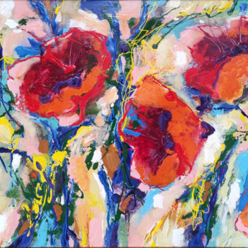 Painting titled "Poppies" by Krum Kostov, Original Artwork, Acrylic Mounted on Wood Stretcher frame