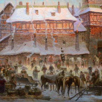 Painting titled ""Утро на рыночной п…" by Dmitry Krutous, Original Artwork, Oil Mounted on Wood Stretcher frame