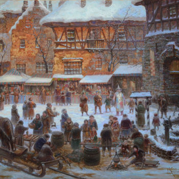 Картина под названием ""Утро на рыночной п…" - Dmitry Krutous, Подлинное произведение искусства, Масло Установлен на Деревян…