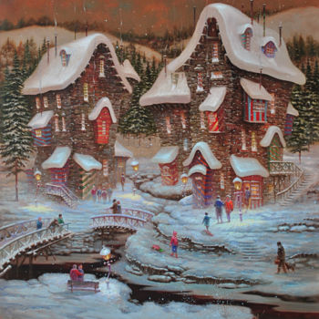 Painting titled ""Полосатая зима"" by Dmitry Krutous, Original Artwork, Oil Mounted on Wood Stretcher frame