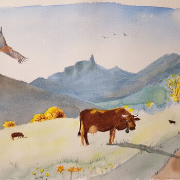 Painting titled "Cow in Valmo" by Krystian, Original Artwork, Watercolor