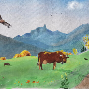 Peinture intitulée "Cow in Valmo 2" par Krystian, Œuvre d'art originale, Aquarelle