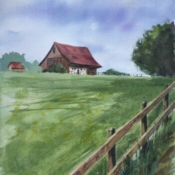 绘画 标题为“The farm on the isl…” 由Krystyna Szczepanowski, 原创艺术品, 水彩