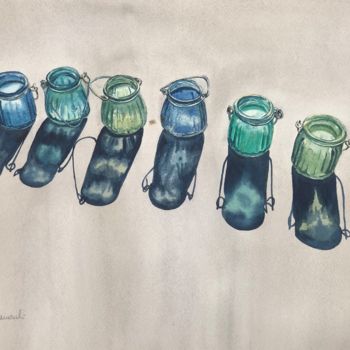 Pintura intitulada "Blue and green refl…" por Krystyna Szczepanowski, Obras de arte originais, Aquarela