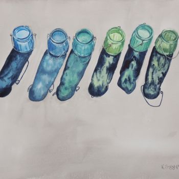 Peinture intitulée "Blue and green refl…" par Krystyna Szczepanowski, Œuvre d'art originale, Aquarelle
