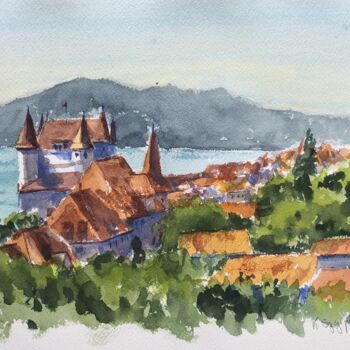 Painting titled "View of Nyon, Switz…" by Krystyna Szczepanowski, Original Artwork, Watercolor