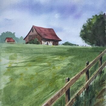 Painting titled "The farm on the isl…" by Krystyna Szczepanowski, Original Artwork, Watercolor