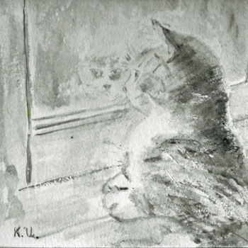 Painting titled "Petit chat à la fen…" by Umiastowska Krystyna, Original Artwork, Watercolor