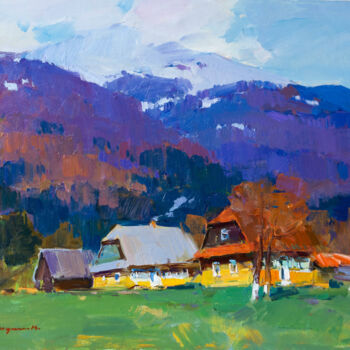 Painting titled "Spring in the mount…" by Aleksander Kryushyn, Original Artwork, Oil Mounted on Wood Stretcher frame