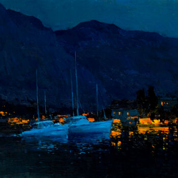 Painting titled "Night in the Bay of…" by Aleksander Kryushyn, Original Artwork, Oil Mounted on Wood Stretcher frame