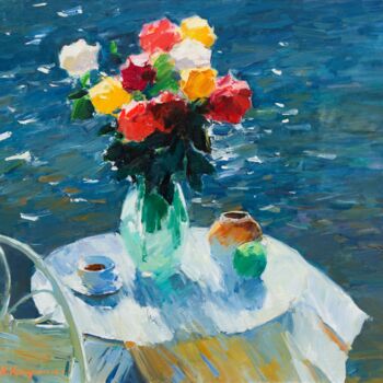 Painting titled "Roses by the Sea" by Aleksander Kryushyn, Original Artwork, Oil Mounted on Wood Stretcher frame