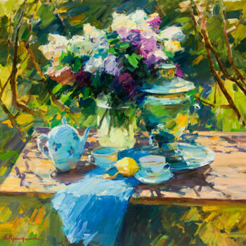 Painting titled "Lilac and the Sprin…" by Aleksander Kryushyn, Original Artwork, Oil Mounted on Wood Stretcher frame